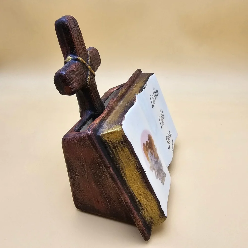 Religious Cross Book Planter Figurine Angel Let the‎ Light Shine 